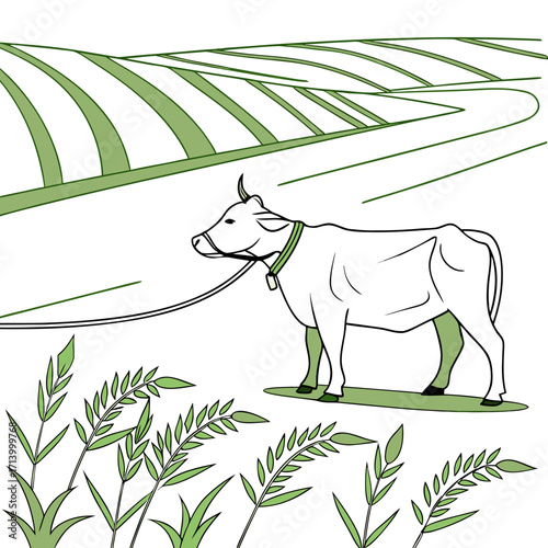 A white cow with a green collar and bell stands in a lush green field under a rolling landscape