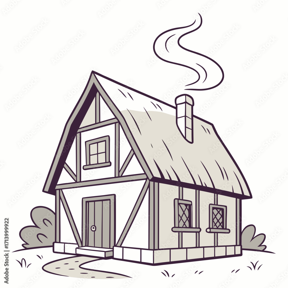 Φωτογραφία Charming medieval tudor style cottage with smoke rising from chimney and garden