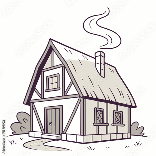 Charming medieval tudor style cottage with smoke rising from chimney and garden path