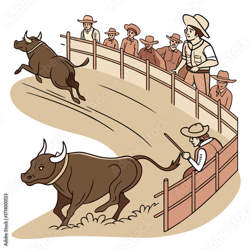 Exciting rodeo scene with cowboys and bulls in a dusty arena during a competition
