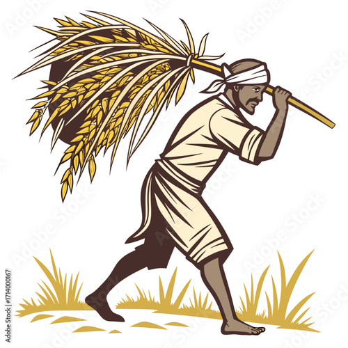 Farmer carrying a large bundle of harvested wheat stalks over his shoulder in a stylized illustration