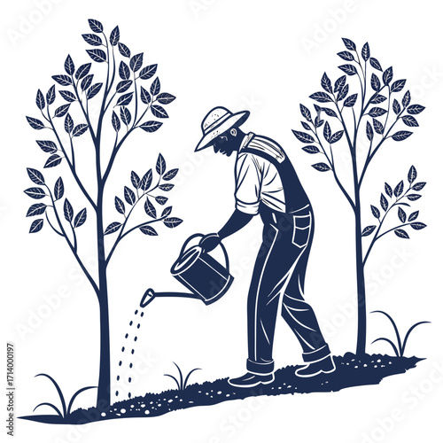 Farmer in overalls and hat watering young trees with a watering can in a garden