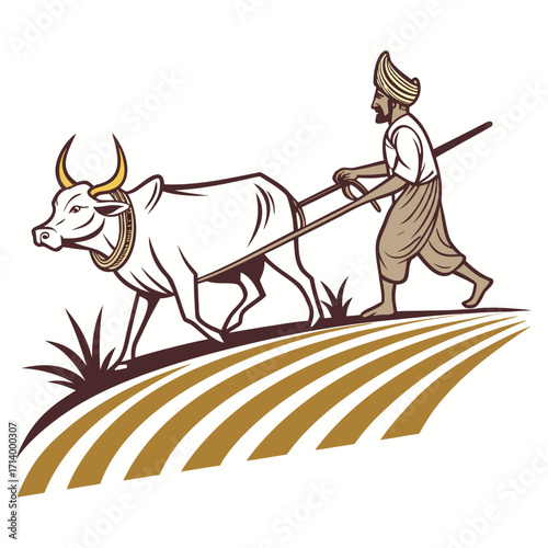 Farmer with ox plowing field traditional agriculture scene rural indian farming illustration