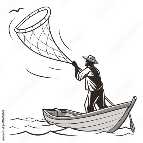 Fisherman in a boat skillfully uses a large net to catch something in the water