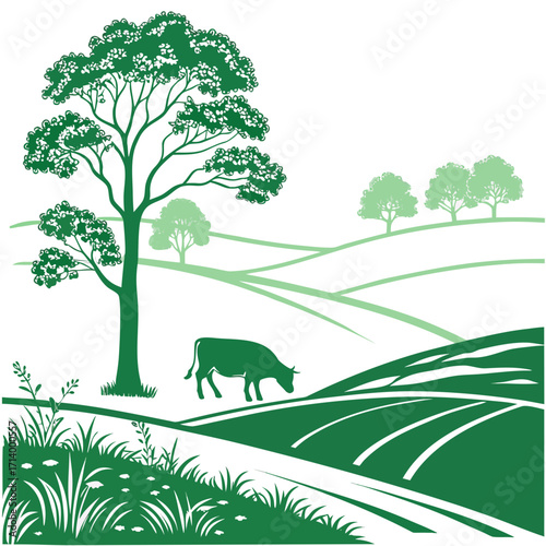 Green rolling hills with a single cow grazing under a large tree and distant trees