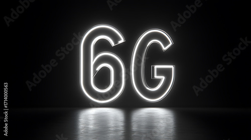 Image features glowing neon sign displaying 6G against dark background, with reflective surface below that mirrors bright light. futuristic design emphasizes modern technology and innovation