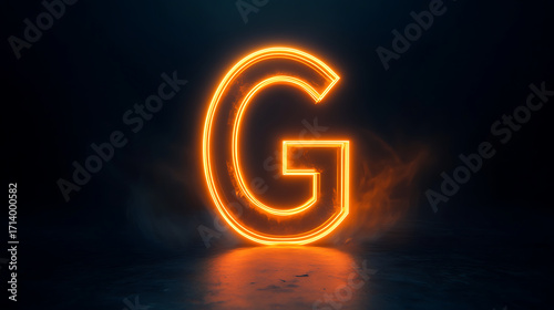 Glowing neon letter G dark background with fiery effects and reflections modern digital art vibrant orange light minimalistic design sharp edges luminous glow futuristic style illuminated symbol