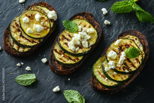 Bruschetta with Grilled Zucchini, Feta Cheese and Mint Leaves on Dark Rye Bread. Healthy Eating Concept