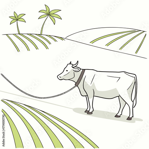 Illustration of a white cow with a rope tied to its collar standing in a green field with palm trees
