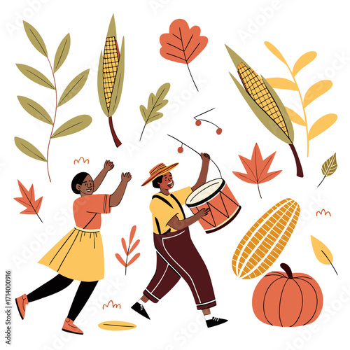 Joyful people celebrating autumn harvest with music and traditional fall elements