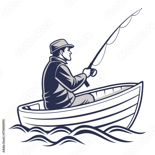 Man wearing a hat and jacket fishing from a rowboat on wavy water