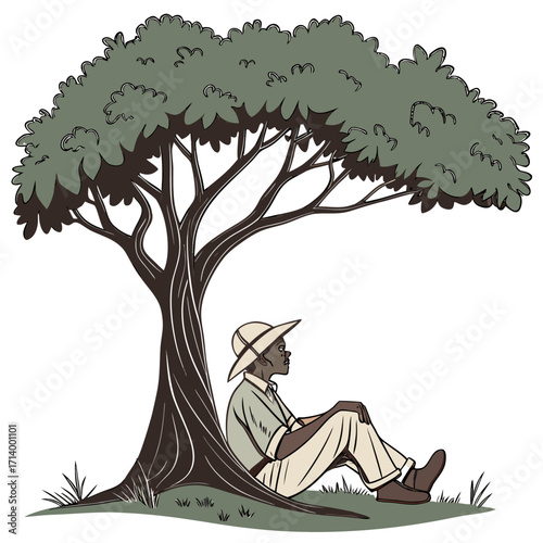 Man wearing a safari hat sits peacefully under a large tree on a grassy hill
