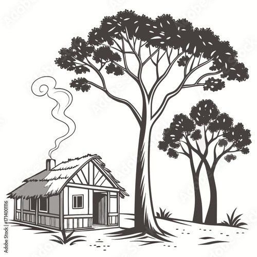 Rustic thatched roof hut with smoke rising from chimney nestled among large trees in a natural landscape