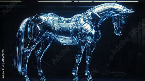 Futuristic horse sculpture made of transparent glass or crystal material with metallic shine, illuminated by blue lighting, showcasing detailed anatomy and sleek design, evoking innovation
