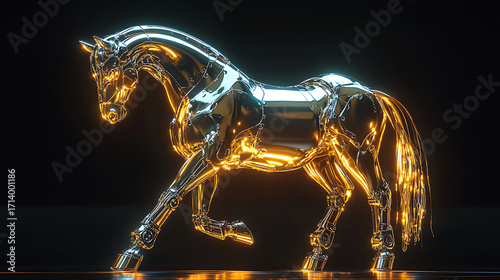 Futuristic horse sculpture made of metallic and glowing elements illuminated with bright gold and silver lights standing dark background showcasing majestic and dynamic stance with sleek