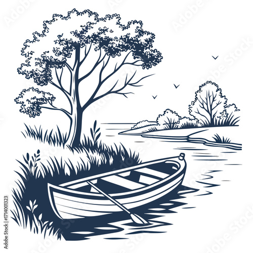 Serene lake scene with a wooden rowboat resting by the grassy shore under a large tree