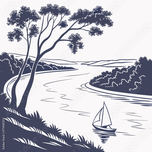 Serene river landscape with a lone sailboat navigating calm waters under a large tree