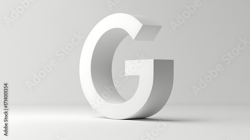 Large white letter G with 3D effect on plain light gray background, creating modern and minimalistic visual impression, evoking simplicity and clarity in design