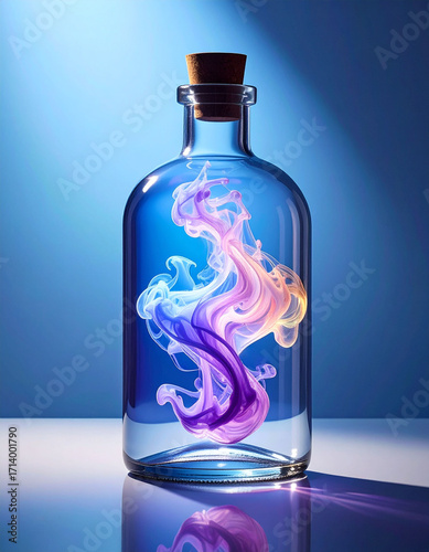 Colorful Swirling Gas in a Glass Bottle isolated on Blue Background, Original Hyperrealistic illustration in Vibrant Tones, for Marketing and Advertisement 