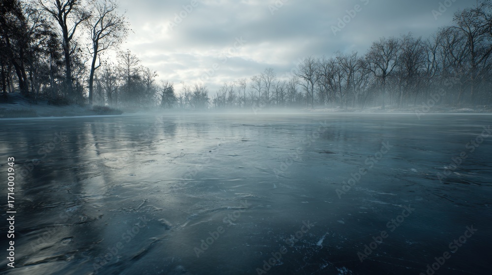 Fototapeta premium Frozen Lake Under a Gloomy Sky: A captivating panoramic view of a serene lake enveloped in a frosty embrace, the icy surface glistening under a cloudy sky, evoking a sense of calm.