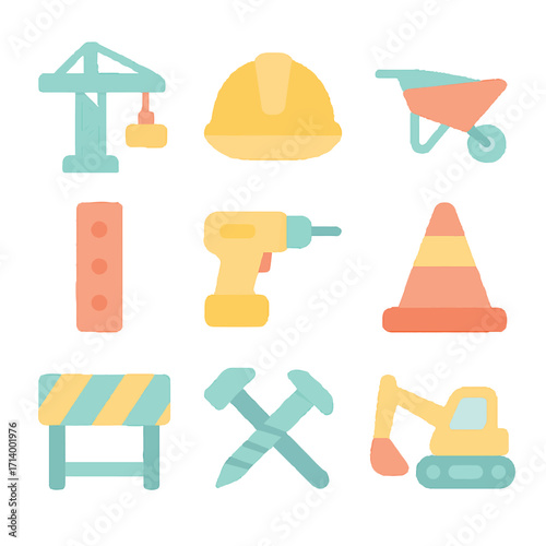 crane, helmet, wheelbarrow, drill, traffic cone, bricks, barrier, hammer nails, excavator