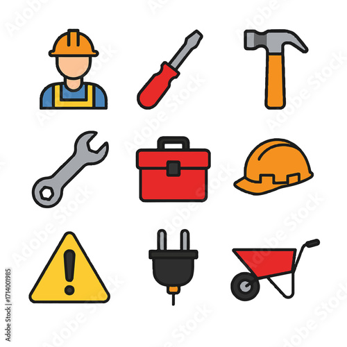 worker helmet, screwdriver, hammer, wrench, toolbox, safety helmet, warning sign, plug, wheelbarrow
