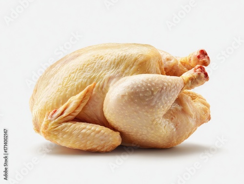 Whole raw chicken, light yellow skin, resting on a white background