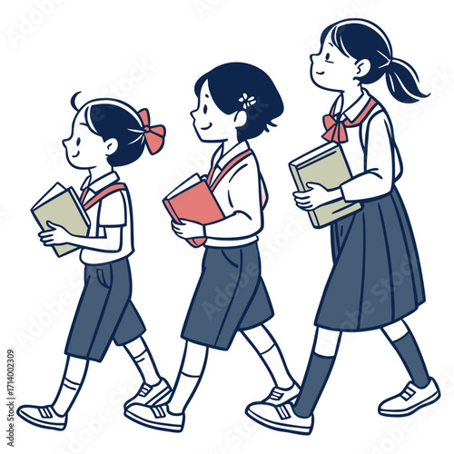 Three diverse japanese schoolgirls in uniform walking together holding books on a white background