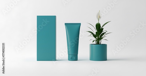 Three teal colored objects including a tall rectangular box a tube and a potted plant