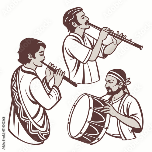 Three musicians playing traditional instruments including flutes and a drum in a stylized illustration