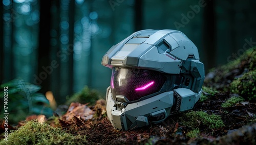 Futuristic helmet rests on forest floor