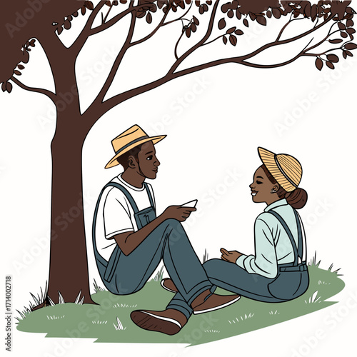 Two farmers wearing straw hats and overalls relax under a tree discussing something on a small paper