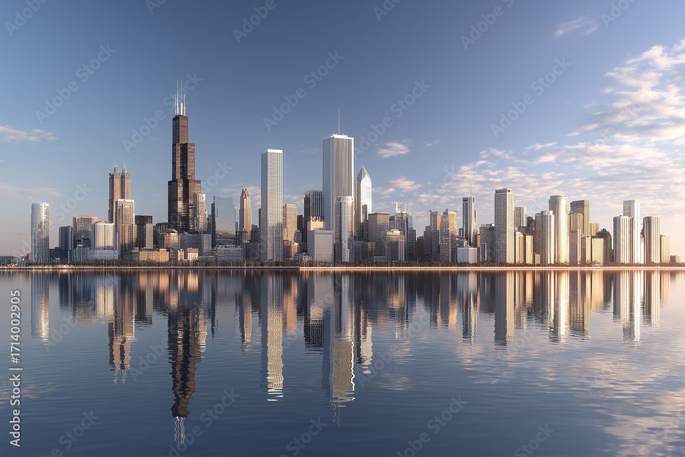 Fototapeta premium Photorealistic city skyline with skyscrapers and reflections on calm water
