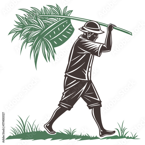 Farmer carrying harvested crops on his shoulder walking through a grassy field