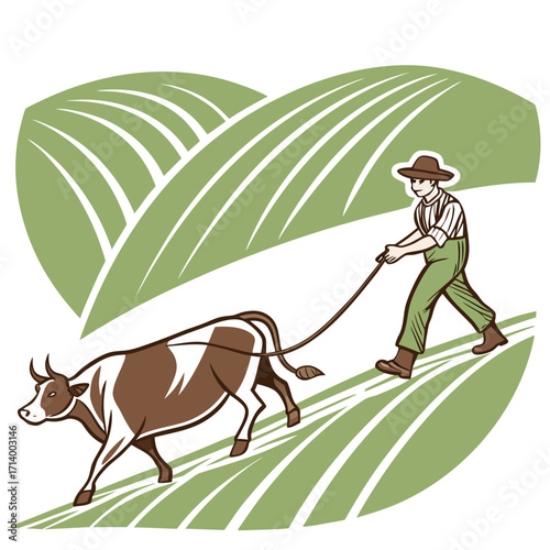 Farmer with ox plowing fields on a verdant hillside in a heart shape
