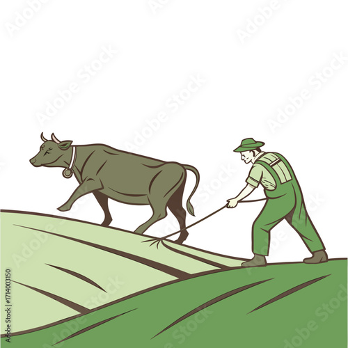 Farmer with ox plowing a field using traditional farming methods on rolling green hills