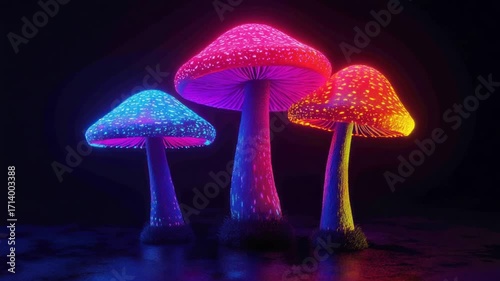 Glowing fantastical mushrooms in blue, red, & orange stand out in a dark environment