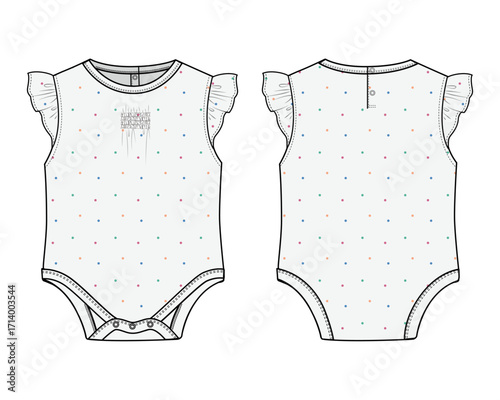 Toddler Kids, Infant Baby, Sleep Full Bodysuit, Fashion Flat Sketch, Vector Illustration, CAD, Technical Drawing, Flat Drawing, Template, Mockup.