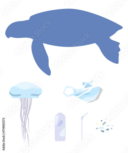 海洋汚染とマイクロプラスチック問題を象徴するウミガメのシルエットイラスト