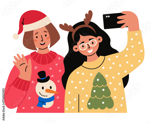 Happy Christmas Couple Women Friends in Santa Hat and Deer Antlers in Xmas Sweaters with Tree and Snowman together Taking Selfie. Vector Illustration. Not AI