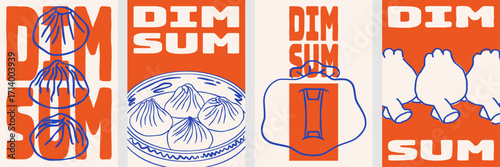 Modern dim sum poster set with bold orange and blue colors.