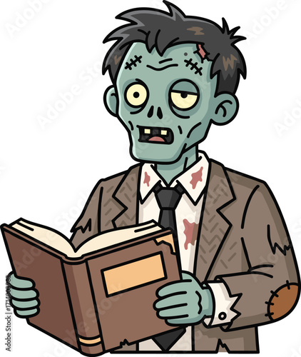 Cartoon zombie reading book illustration, funny undead character in wizard hat and tattered suit, creepy monster studying brains, halloween humor design, vector art