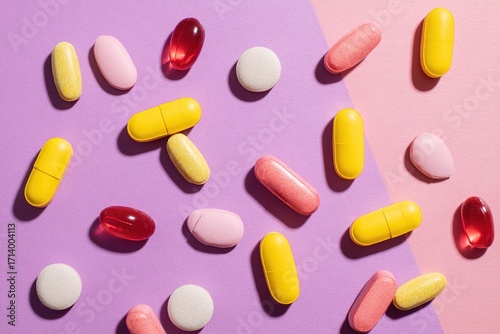 Wallpaper Mural Colorful pills and multivitamins on pastel purple background.

 Torontodigital.ca