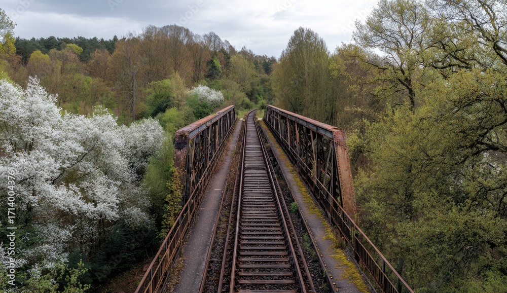 Fototapeta premium Rusty railway bridge spanning a valley. Springtime foliage surrounds