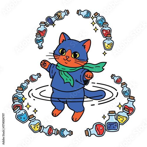 Mystical Cat with Potion Bottles: An enchanting illustration depicts a cheerful cat character surrounded by swirling potion bottles, exuding magic and whimsy.