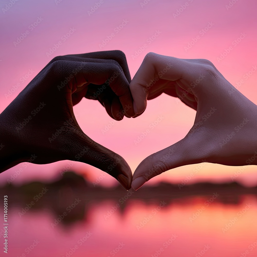 Fototapeta premium Two hands, one dark, one light, forming a heart shape against a vibrant sunset