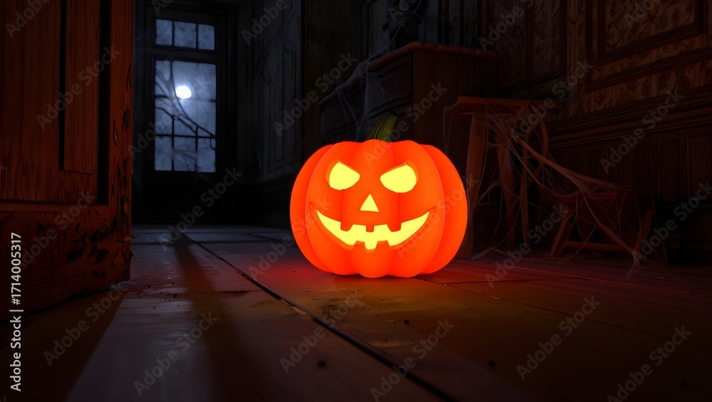 Obraz premium Eerie Halloween Jack-o'-lantern in a dark, abandoned Victorian mansion.