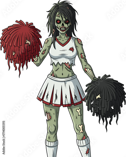 Vector cartoon zombie cheerleader with red and black pom-poms, undead female athlete in torn uniform, creepy Halloween sports mascot, spooky undead character illustration