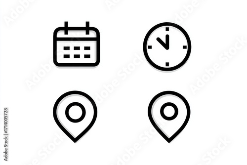 Four simple line icons calendar, clock, location markers