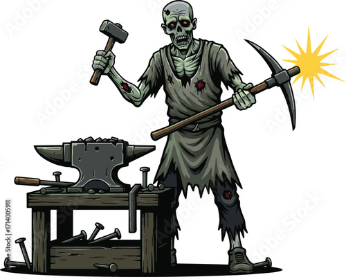 Zombie blacksmith with hammer and pickaxe, horror forge monster, undead craftsman at anvil, cartoon Halloween vector illustration